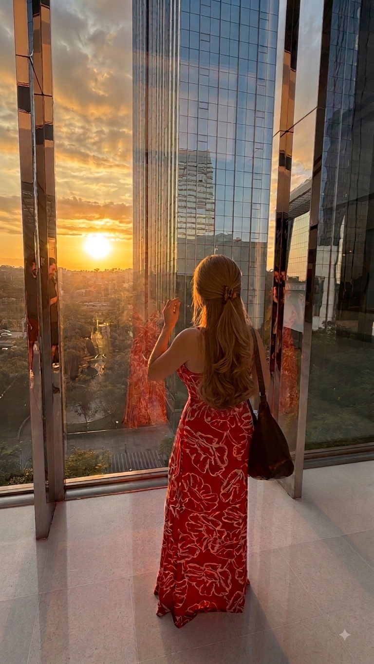 Suellen, criadora do Ilumine-se, diante do pôr do sol